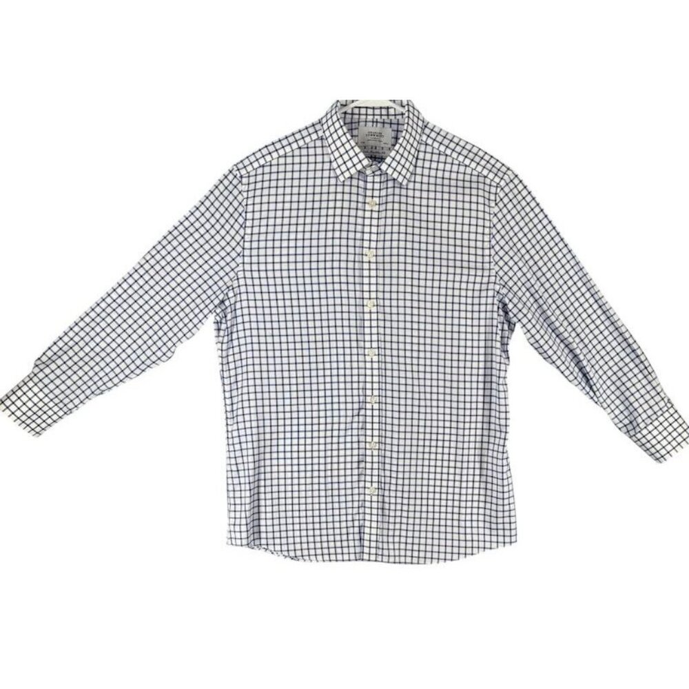 Charles Tyrwhitt Mens Cotton Dress Shirt 17/33 Blue Plaid Check Long Sleeve Butt